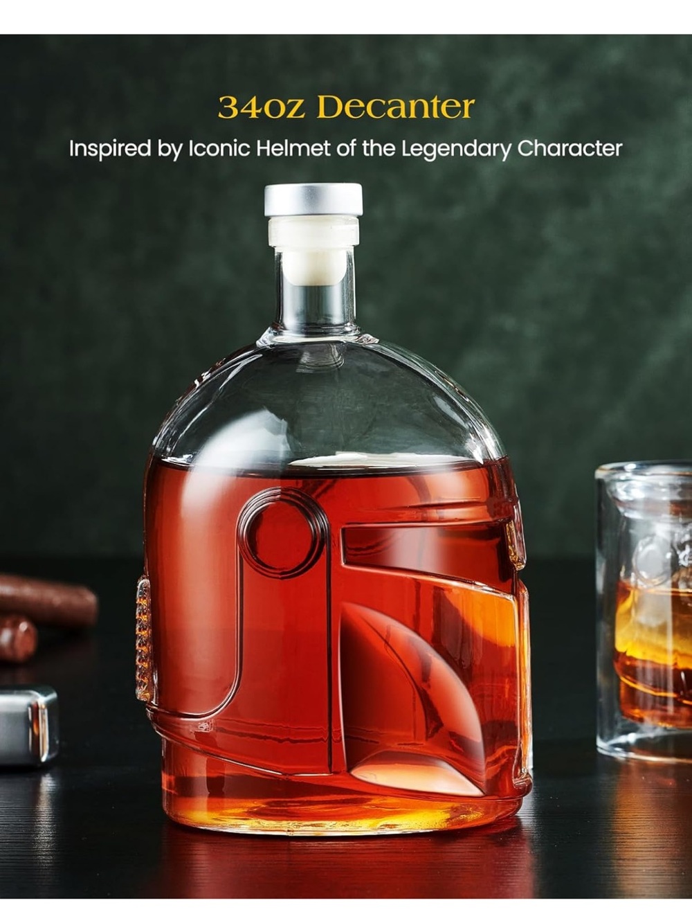 Star Wars Mandalorian Helmet Decanter 2 Glasses Set Whiskey the Wine Things NIB - Picture 2 of 7